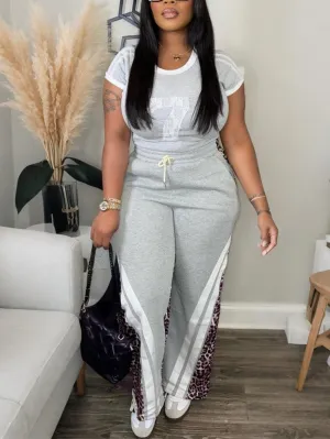 Leopard Accent Colorblock Two-Piece Casual Pants Set