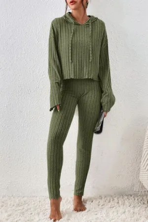 Lettuce Hem Dropped Shoulder Hooded Top and Pants Lounge Set (2 Colors)