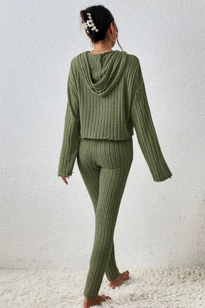 Lettuce Hem Dropped Shoulder Hooded Top and Pants Lounge Set (2 Colors)