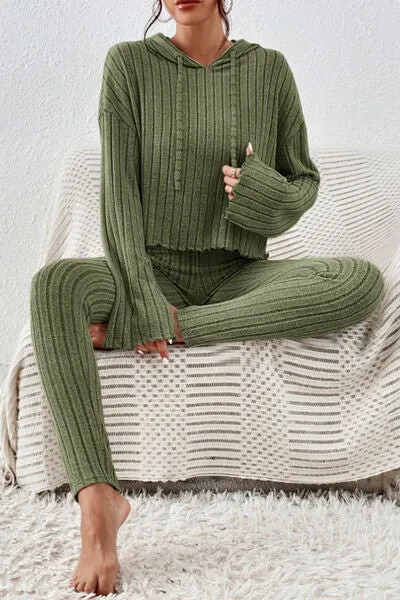 Lettuce Hem Dropped Shoulder Hooded Top and Pants Lounge Set (2 Colors)