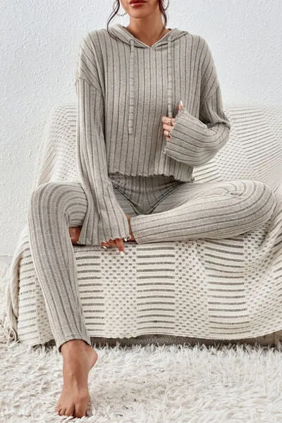 Lettuce Hem Dropped Shoulder Hooded Top and Pants Lounge Set (2 Colors)