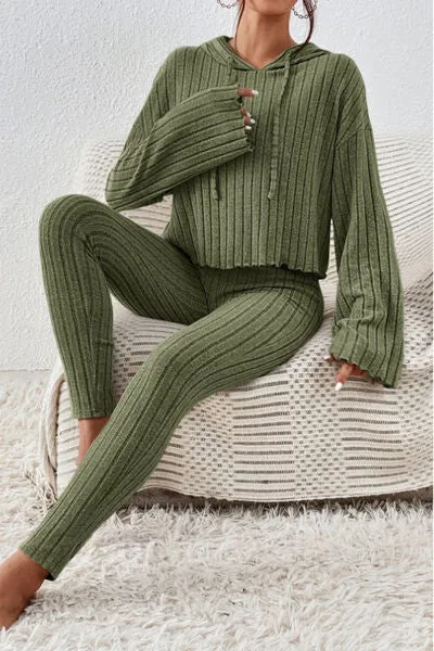 Lettuce Hem Dropped Shoulder Hooded Top and Pants Lounge Set (2 Colors)