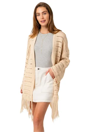 Long Sleeve Pointtelle Fringe Sweater Cardigan