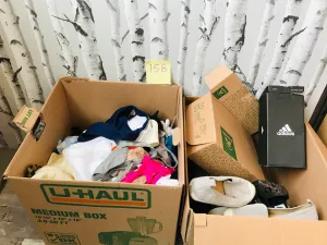 LOT 158-BOX LOT AS IS MIXED CLOTHING, SOCKS, SHOES ETC, NORDSTROMS 2 BOXES! GREAT FOR RE-SALE OR TO KEEP!