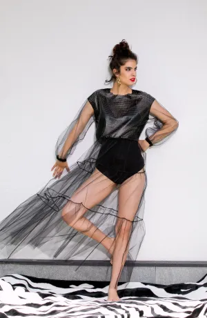 Maxi Dress With Sleeves, Black Maxi Dress, Tulle Dress, Plus Size Clothing, Faux Leather Dress, Sheer Dress, See Through Dress, Sexy Dress