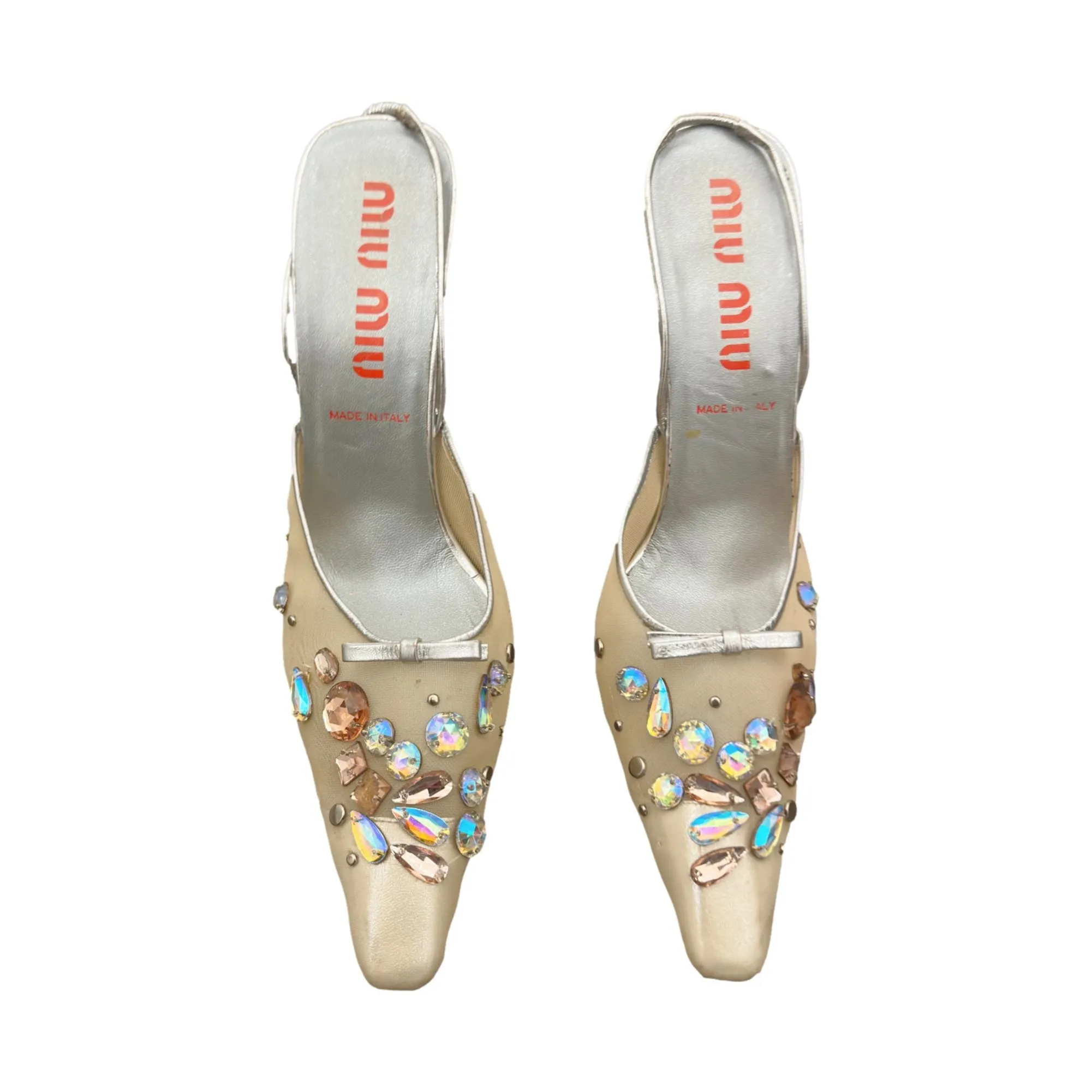 Miu Miu Sheer Nude   Silver Gem Heels