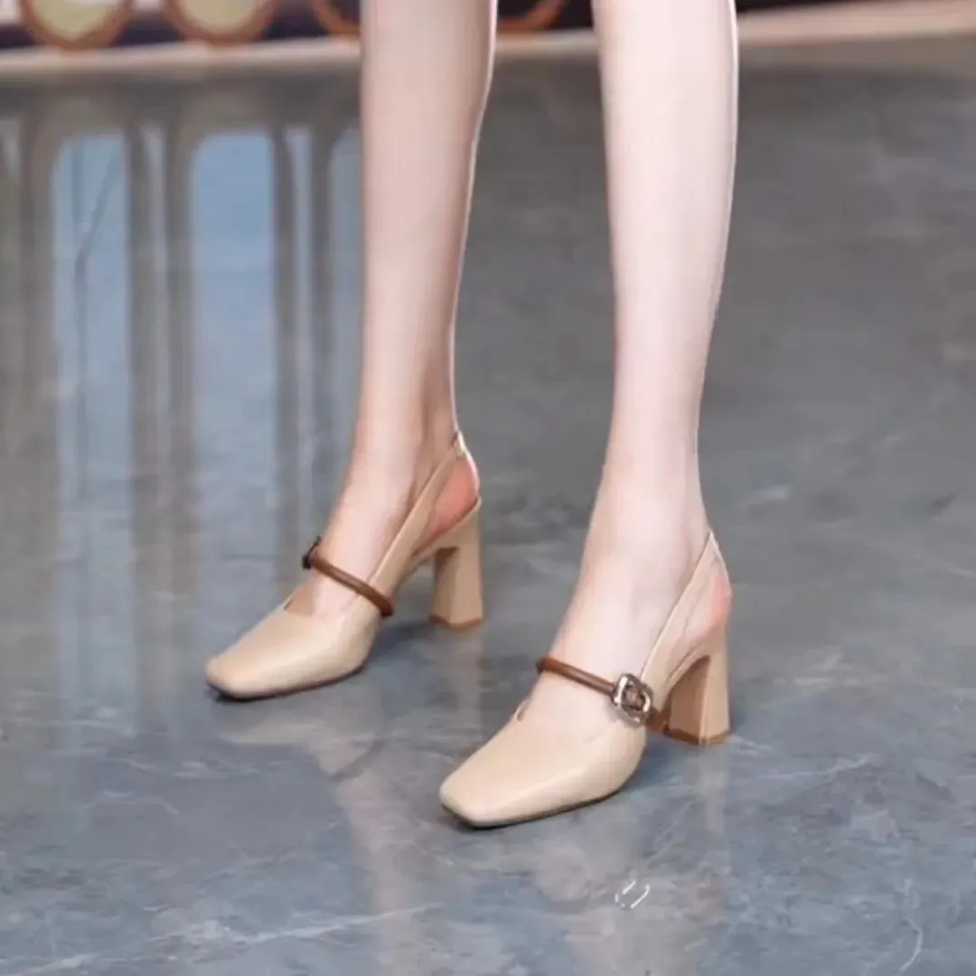 Modern Square-Toe Buckle Heels – Sleek Strap Design for Effortless Style