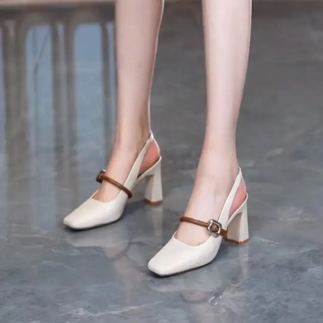 Modern Square-Toe Buckle Heels – Sleek Strap Design for Effortless Style