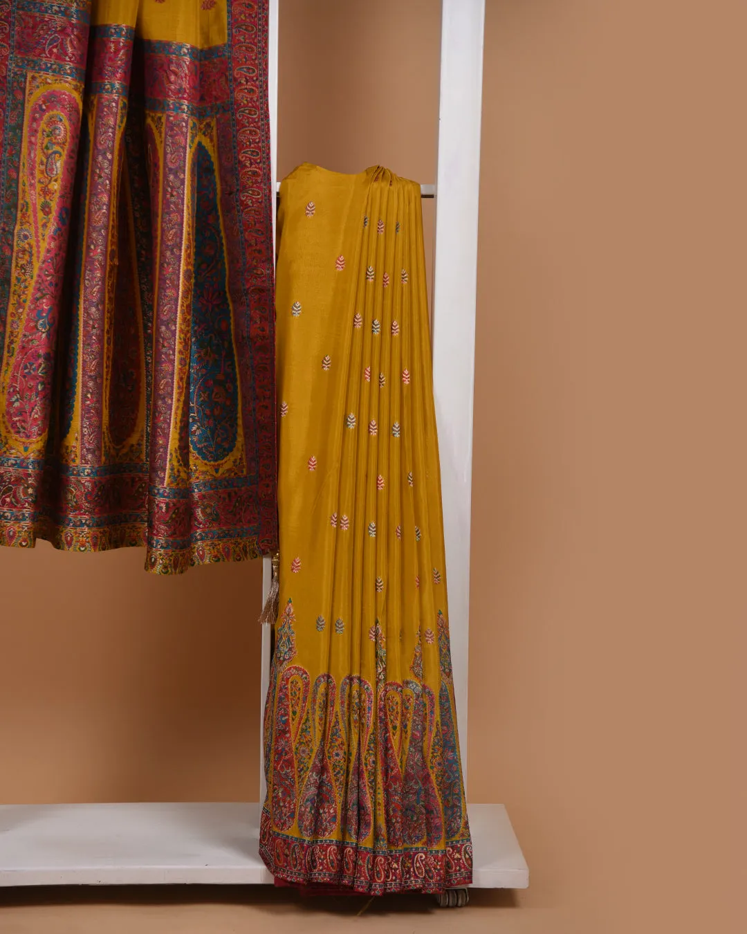 Mustard Silk Viscose Jamdani Woven Saree With Silk Woven Blouse