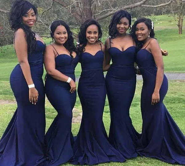 Navy Blue Satin Mermaid Sweetheart Long Bridesmaid Dress With Spaghetti Straps, BD71