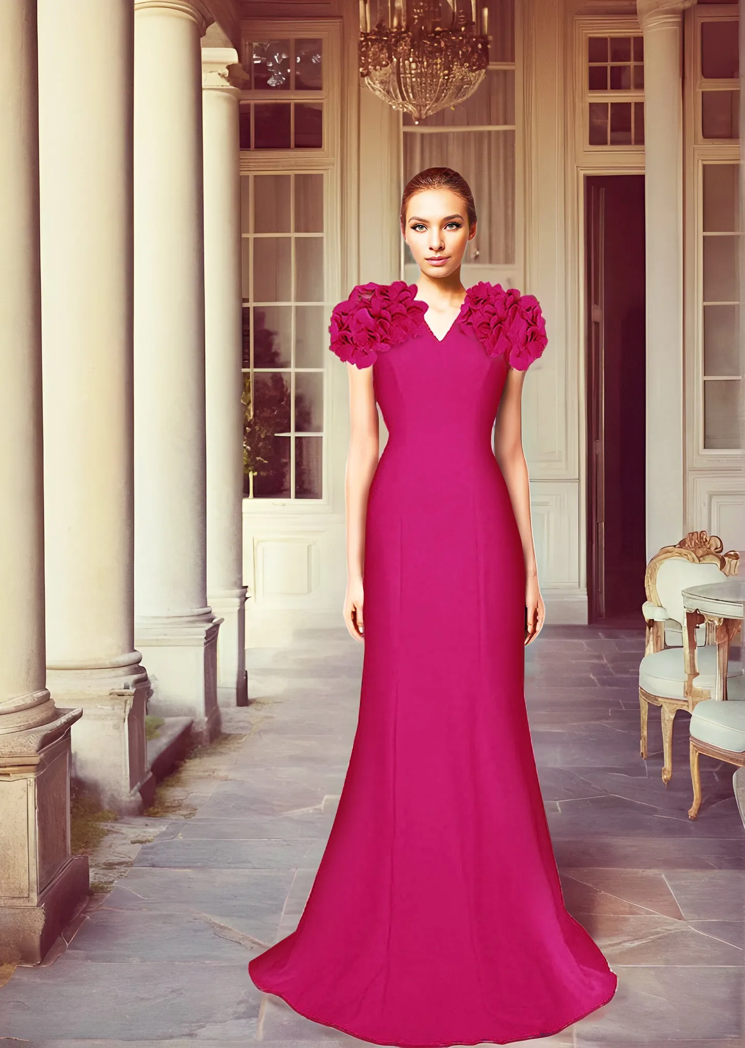 Nightingale Elegant Gown with Short Sleeve & Flowers