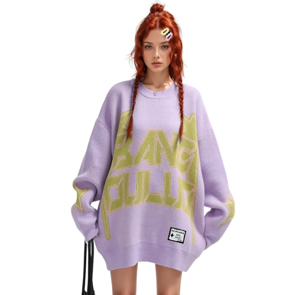 OOC' Retro Woven Letter Loose Sweater