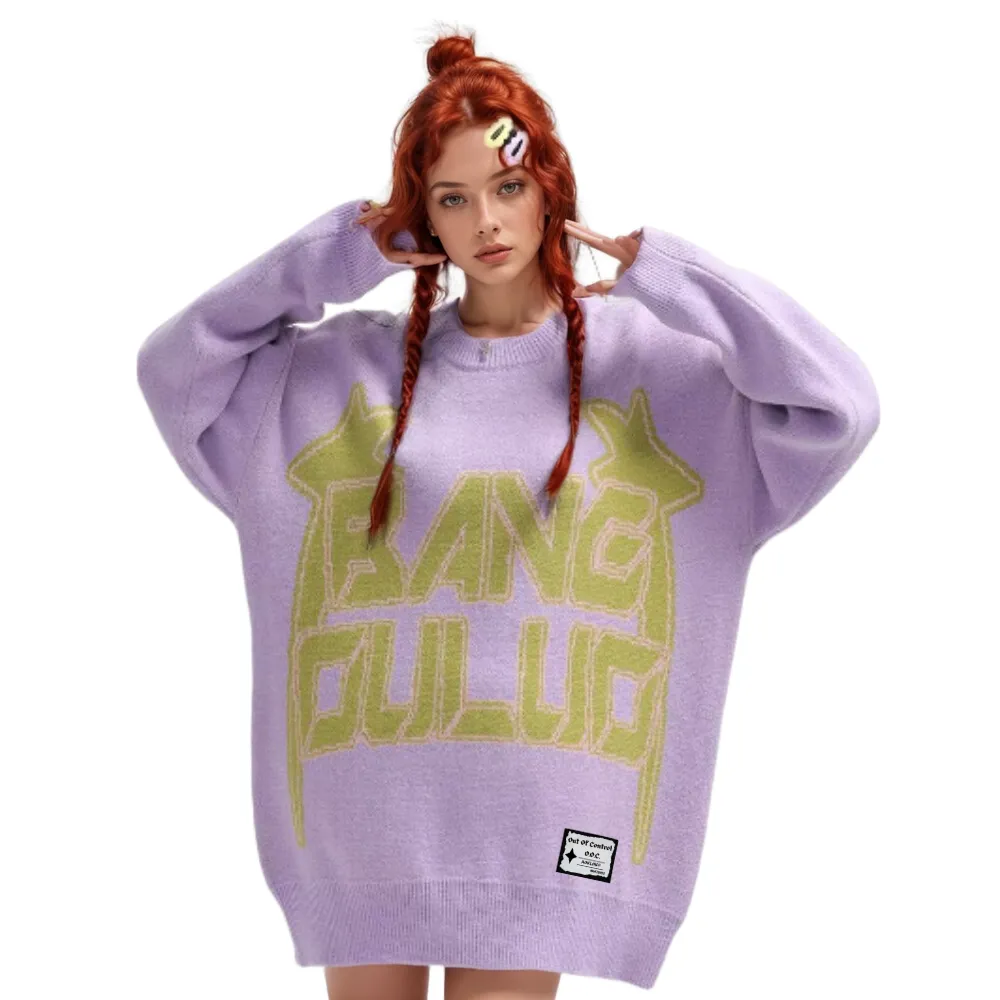 OOC' Retro Woven Letter Loose Sweater