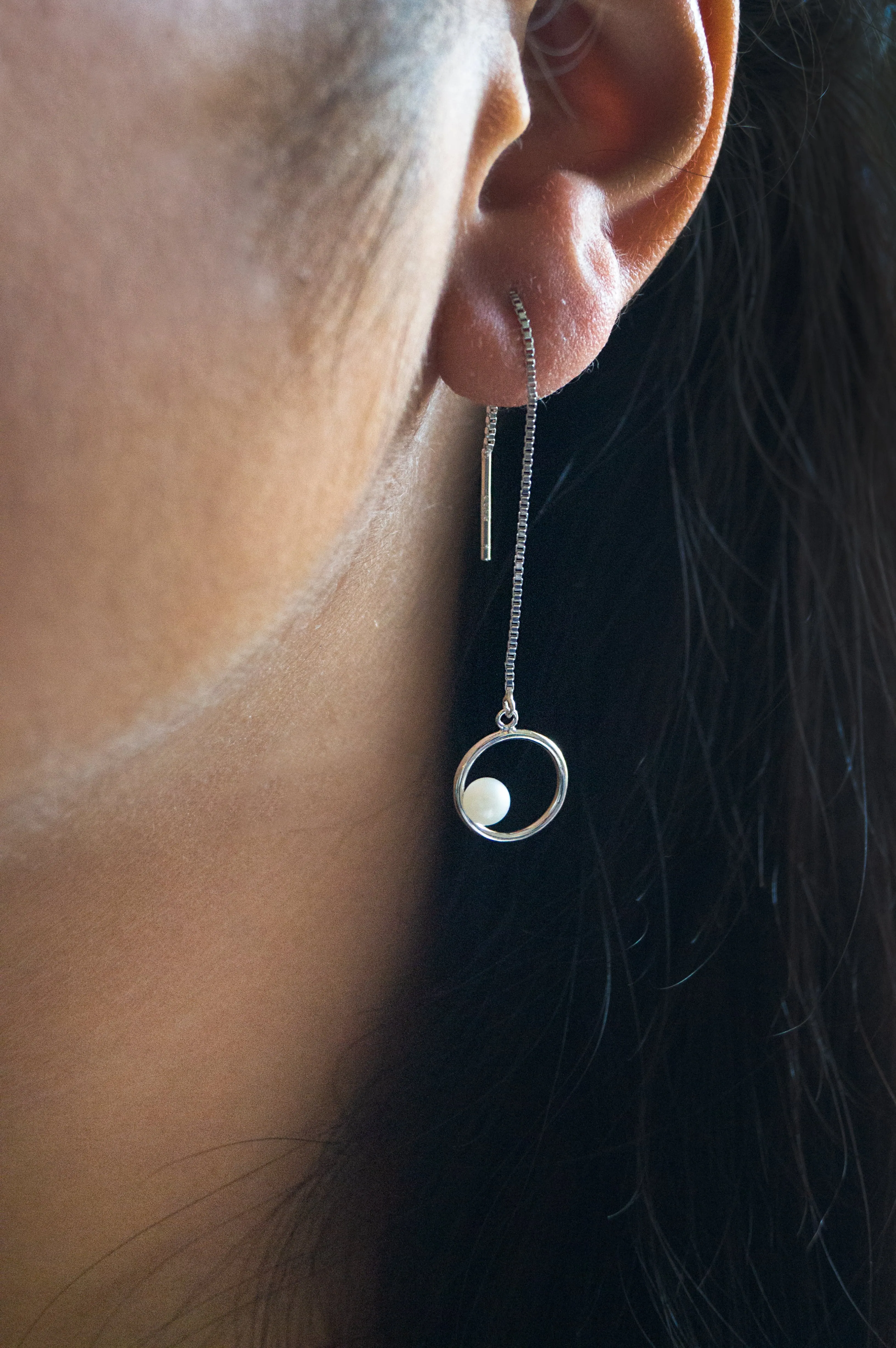 Pearl In A Circle Threader Sterling Silver Slip On Earrings