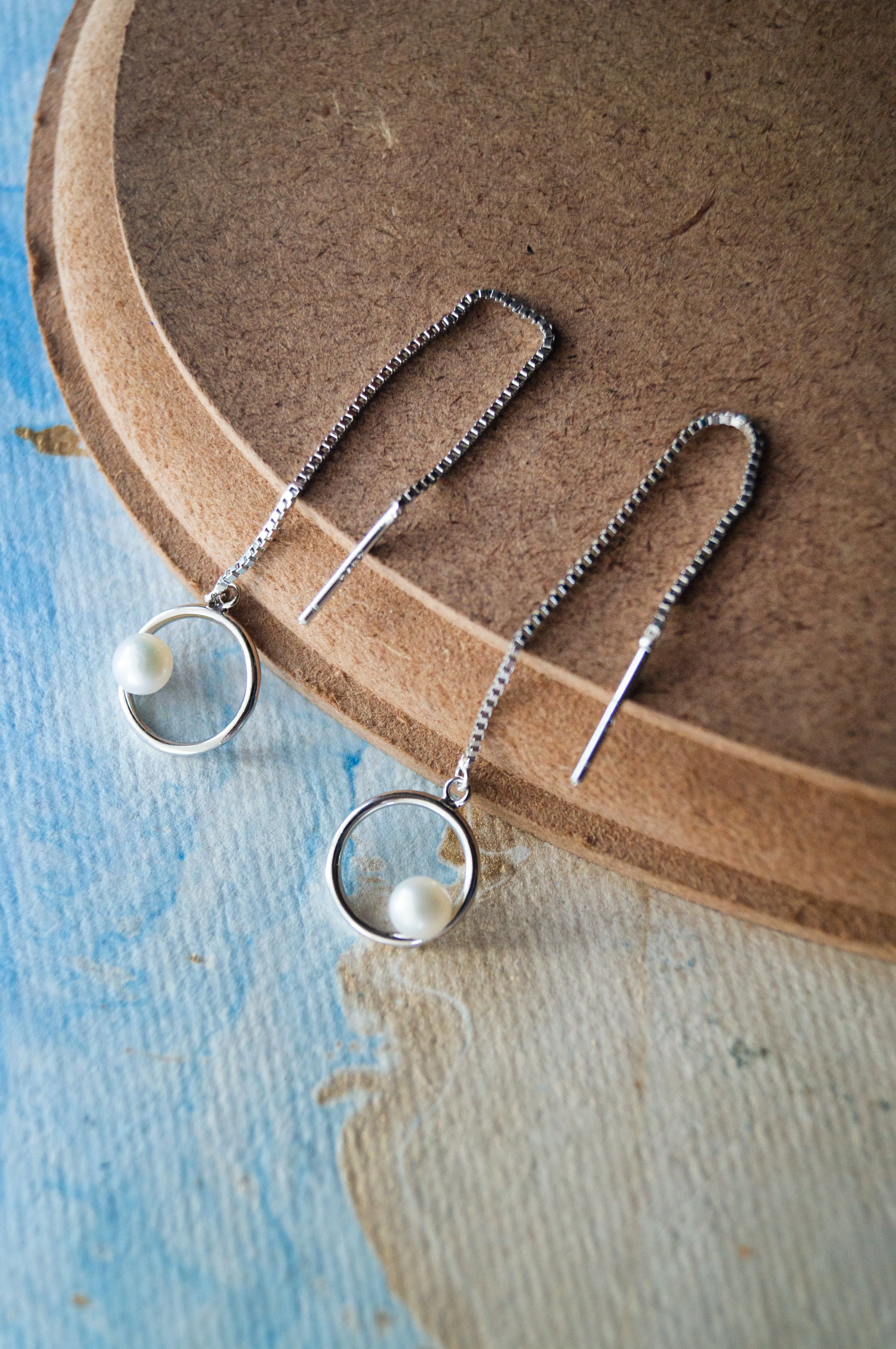 Pearl In A Circle Threader Sterling Silver Slip On Earrings