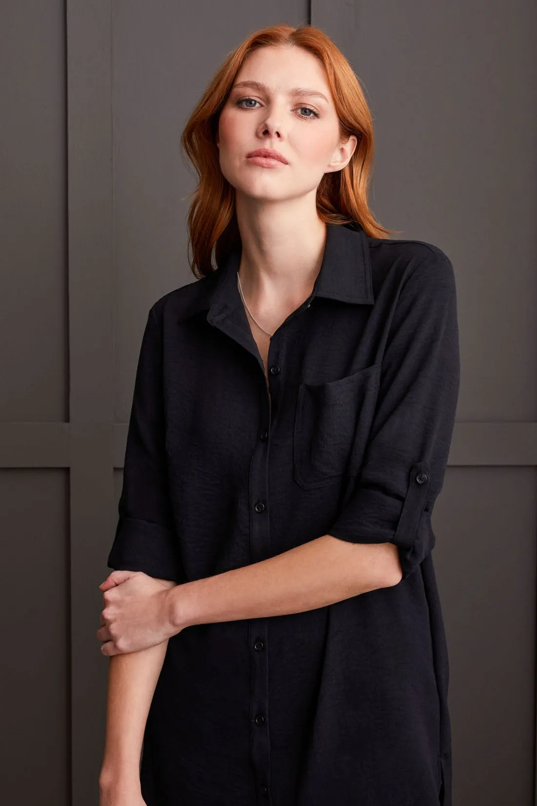 Pebbled Crepe Roll Sleeve Tunic Top