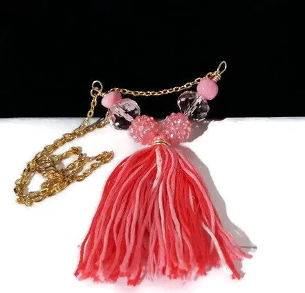 Pink glass beads with tassel,  metal bar necklace, The pink peony necklace