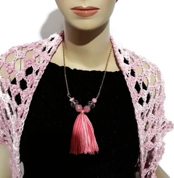 Pink glass beads with tassel,  metal bar necklace, The pink peony necklace