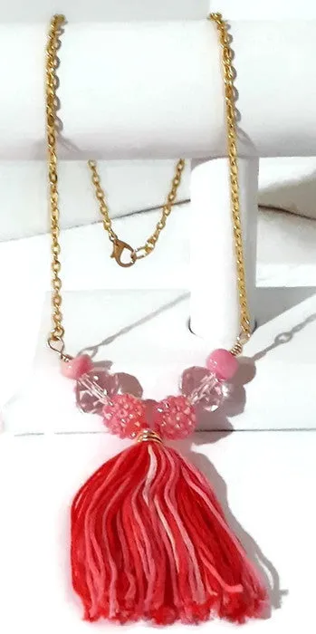 Pink glass beads with tassel,  metal bar necklace, The pink peony necklace