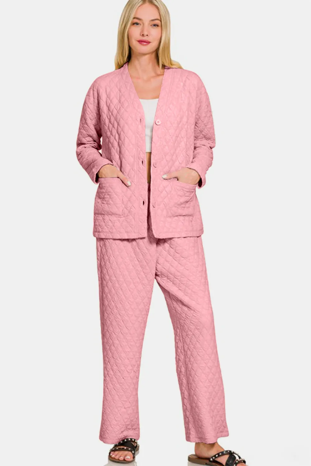 Pink Quilted Button Up Long Sleeve Top and Pants Lounge Set