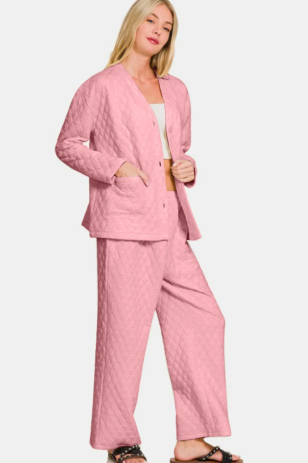 Pink Quilted Button Up Long Sleeve Top and Pants Lounge Set