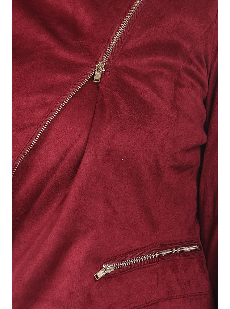 Plus Size Chic Side Zipper Burgundy Velour Jacket