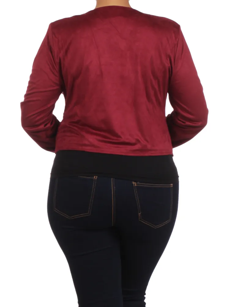 Plus Size Chic Side Zipper Burgundy Velour Jacket