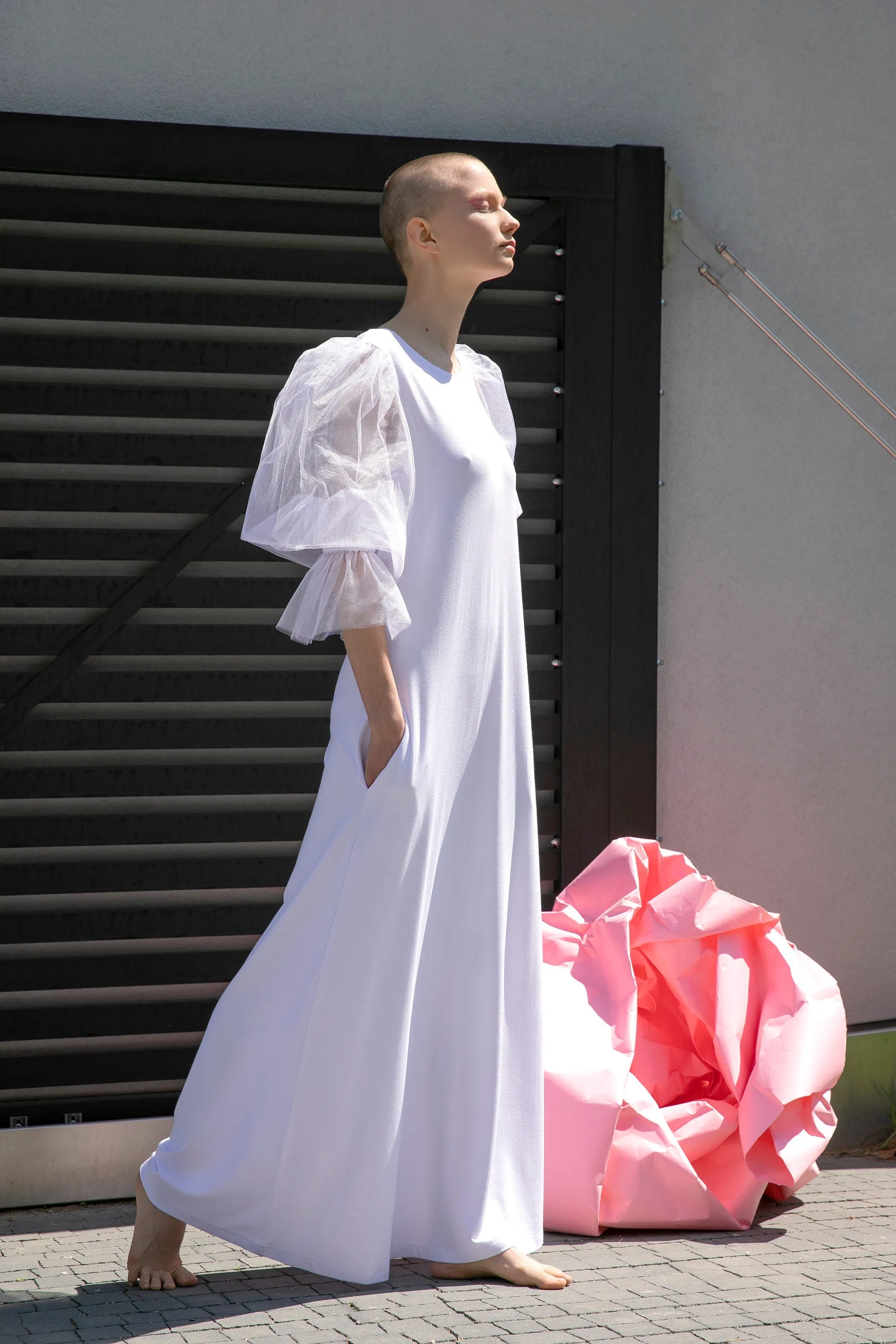 Puff Sleeve Dress, White Maxi Dress, Extravagant Dress, Plus Size Clothing, Loose Dress, Statement Sleeves Dress, Futuristic Clothing