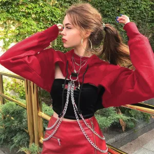 "RED/BLACK CHIC CHAIN LOOSE" SHORT HOODIES K102616