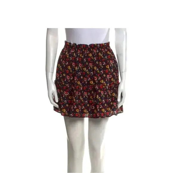 Sezane Paris Floral Mini Skirt Red Blue Ruffle Viscose Lined Size 36 Small/4