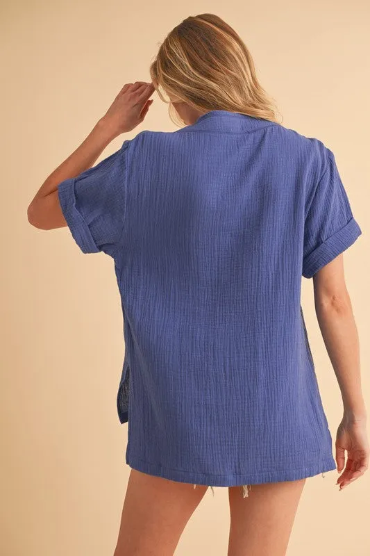 Side Slit V-Neck Short Sleeve Blouse