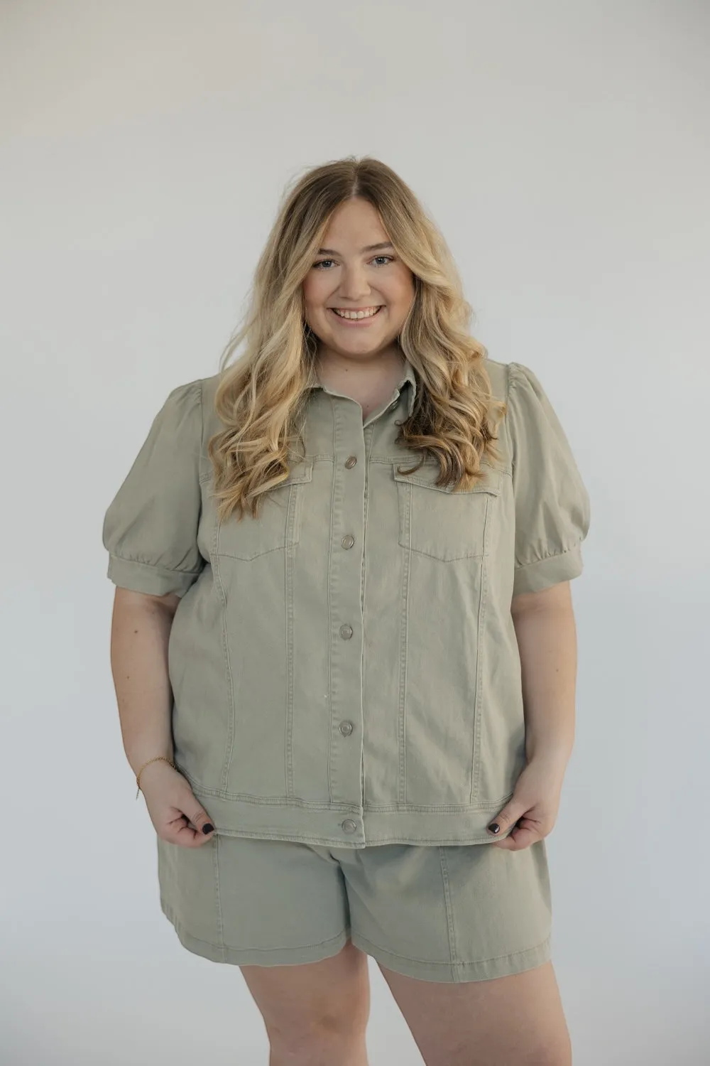 Stacey Washed Sage Denim Puff Jacket (XS-3XL)