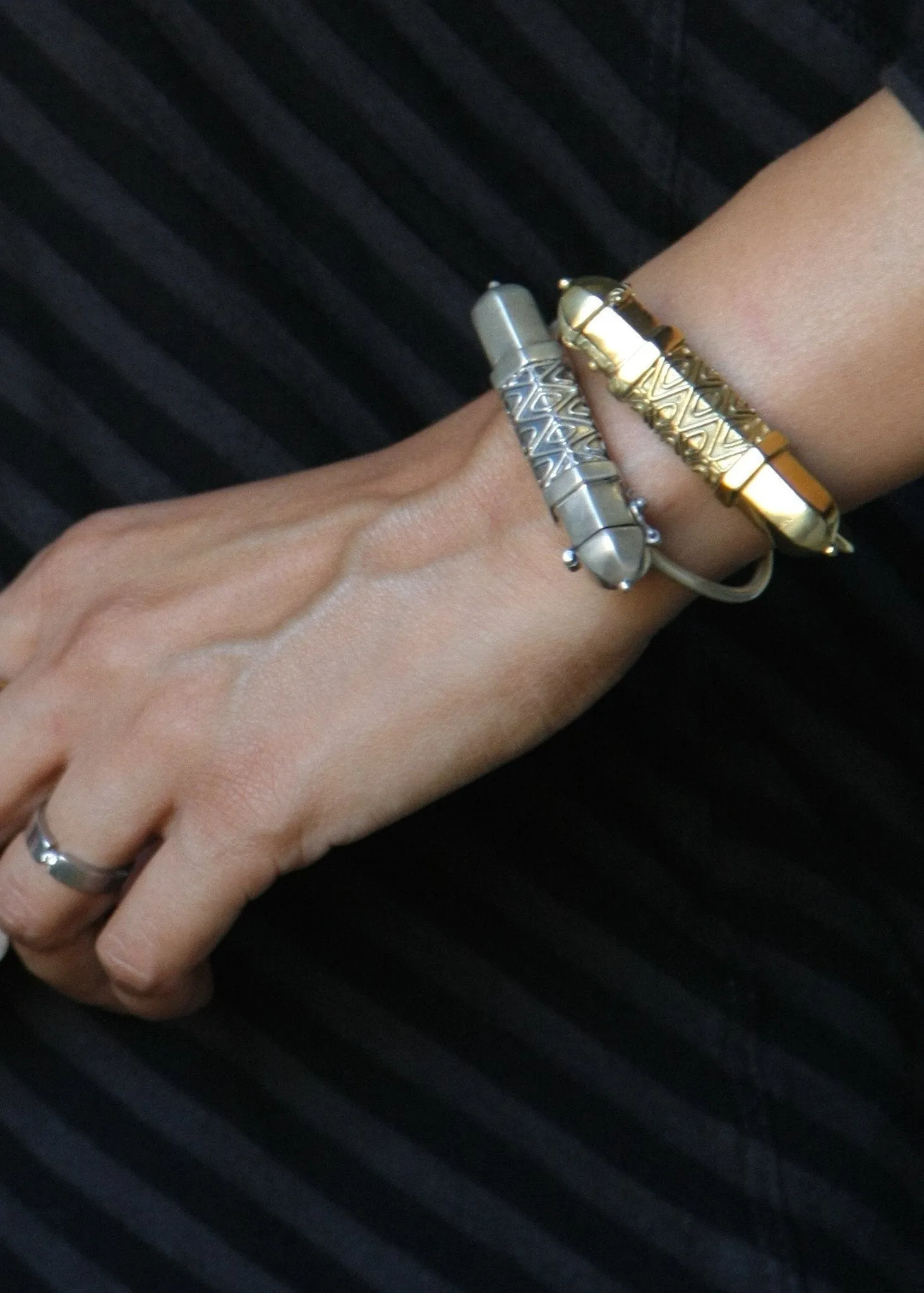 Stunning, tribal-chic, tubular sterling silver amuletic bracelet