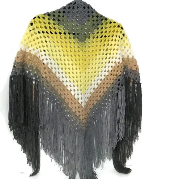 THE YELLOW BELL SHAWL. Boho-chic style  shawl, crochet handmade shawl, woman's size.
