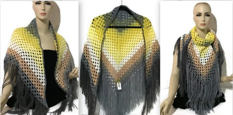 THE YELLOW BELL SHAWL. Boho-chic style  shawl, crochet handmade shawl, woman's size.