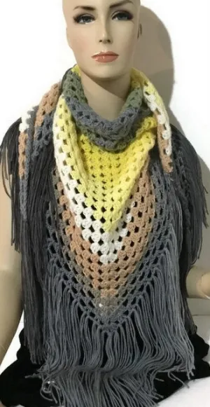 THE YELLOW BELL SHAWL. Boho-chic style  shawl, crochet handmade shawl, woman's size.