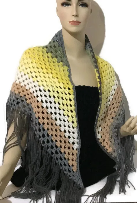THE YELLOW BELL SHAWL. Boho-chic style  shawl, crochet handmade shawl, woman's size.