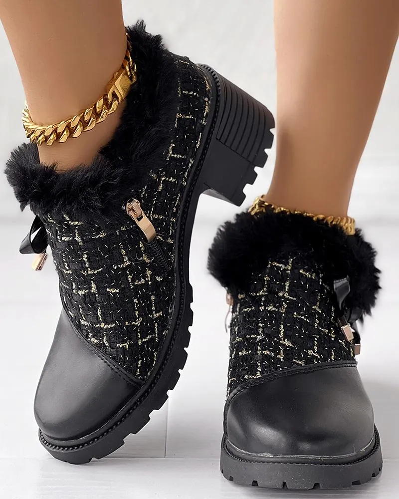 Tweed Patch Bowknot Decor Fuzzy Detail Chunky Heel Loafers
