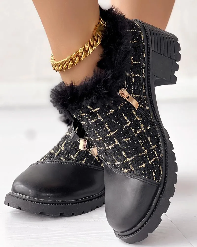 Tweed Patch Bowknot Decor Fuzzy Detail Chunky Heel Loafers