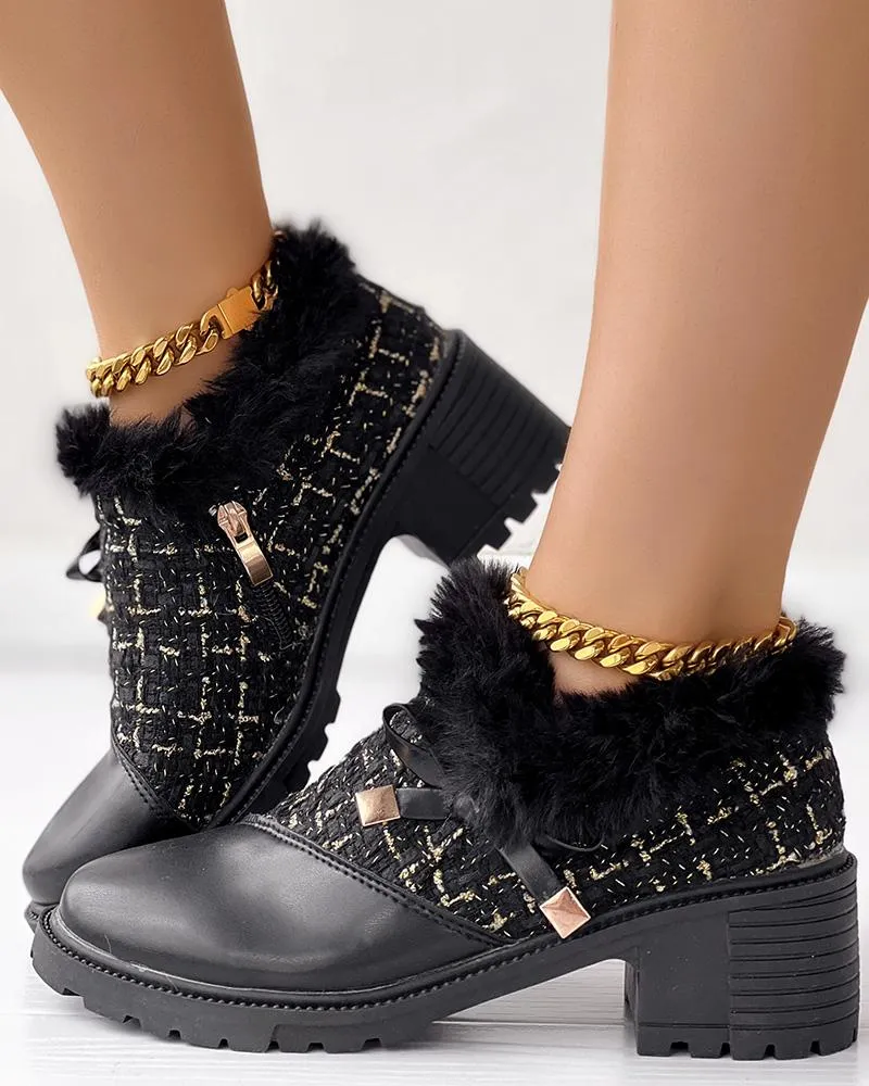Tweed Patch Bowknot Decor Fuzzy Detail Chunky Heel Loafers