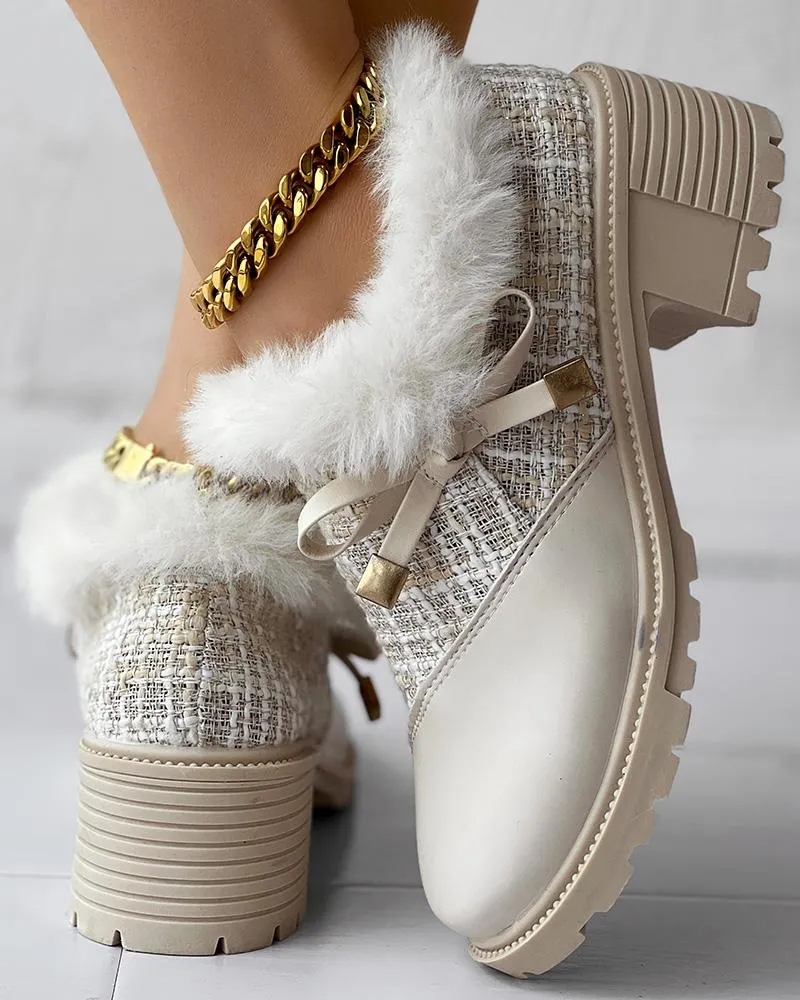 Tweed Patch Bowknot Decor Fuzzy Detail Chunky Heel Loafers