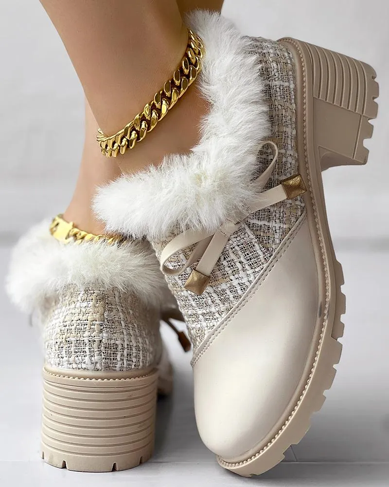 Tweed Patch Bowknot Decor Fuzzy Detail Chunky Heel Loafers