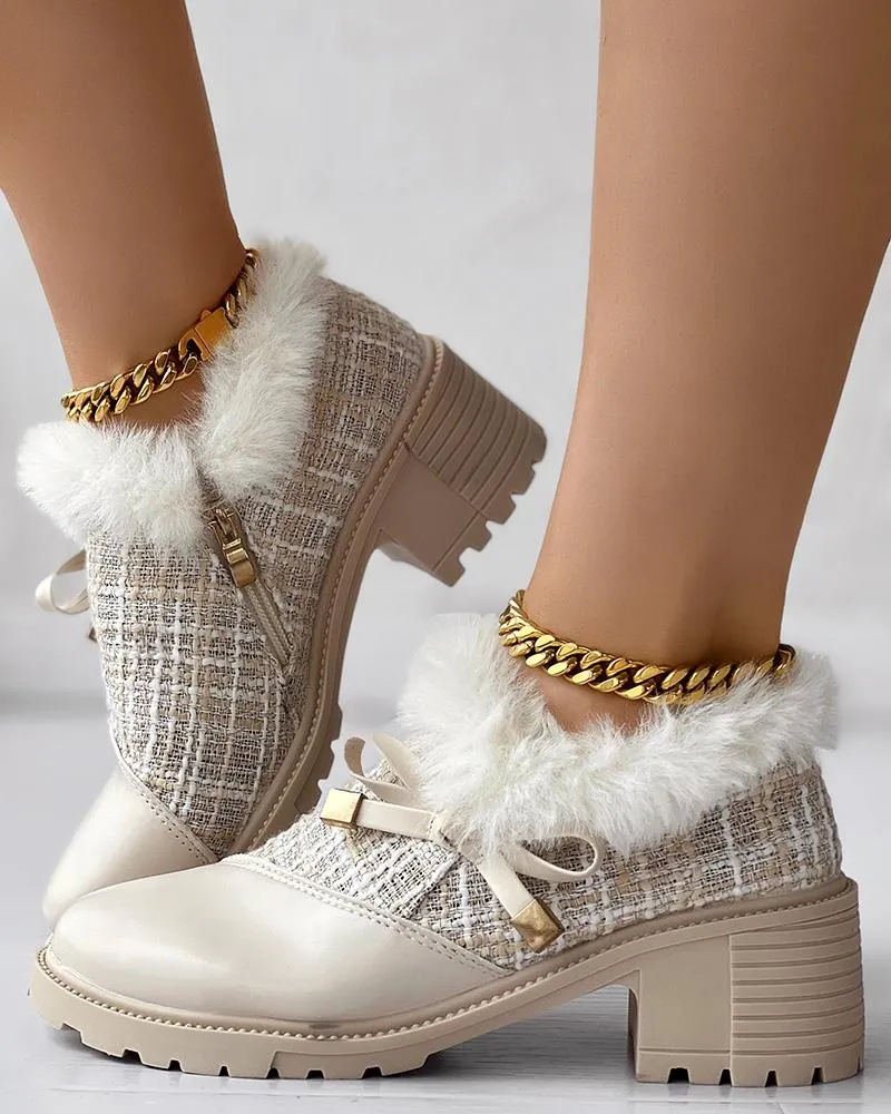 Tweed Patch Bowknot Decor Fuzzy Detail Chunky Heel Loafers