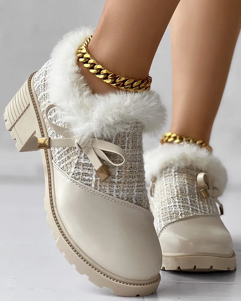 Tweed Patch Bowknot Decor Fuzzy Detail Chunky Heel Loafers