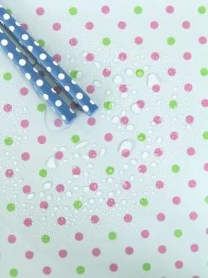Waterproof Fabric 5 mm Green and Pink Polka Dots on Blue By the Yard 41245
