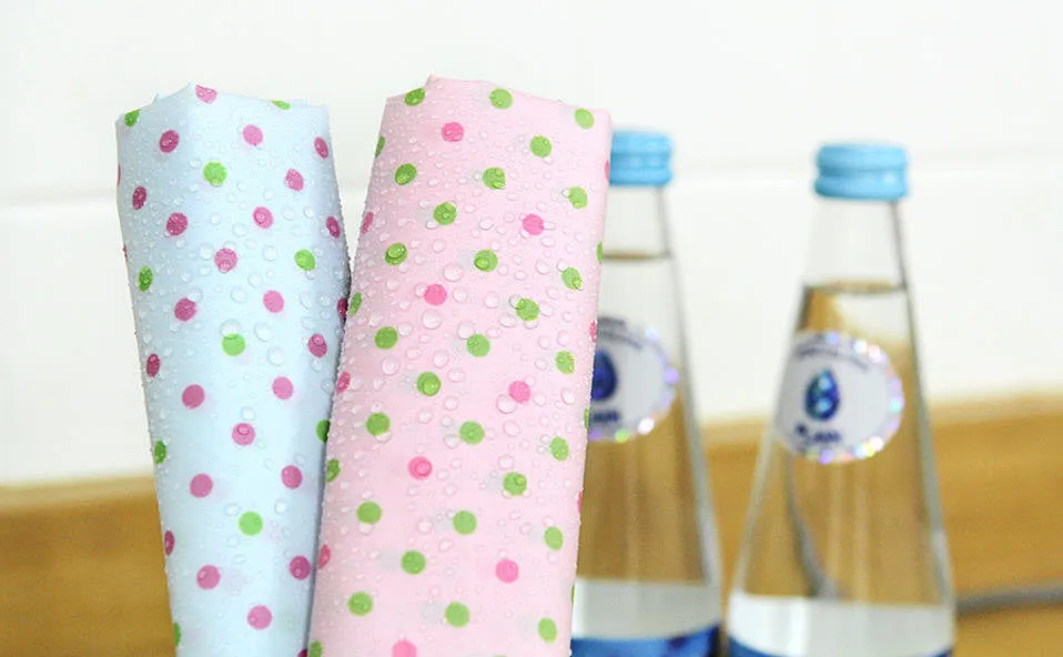 Waterproof Fabric 5 mm Green and Pink Polka Dots on Blue By the Yard 41245