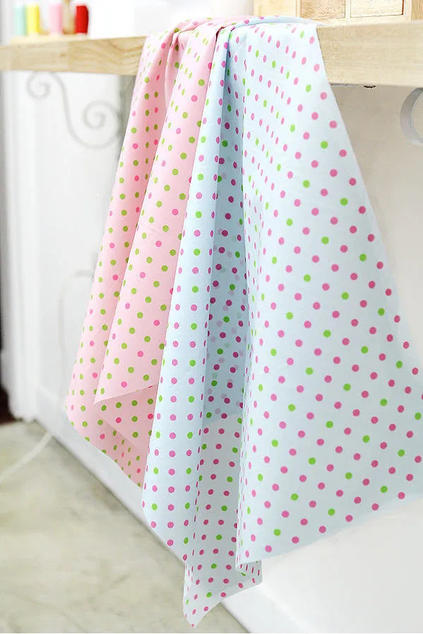Waterproof Fabric 5 mm Green and Pink Polka Dots on Blue By the Yard 41245
