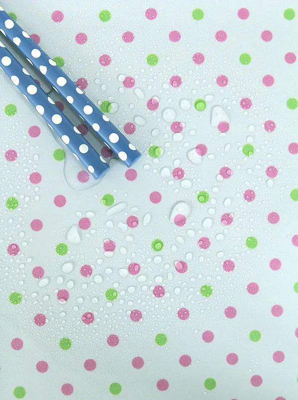 Waterproof Fabric 5 mm Green and Pink Polka Dots on Blue By the Yard 41245