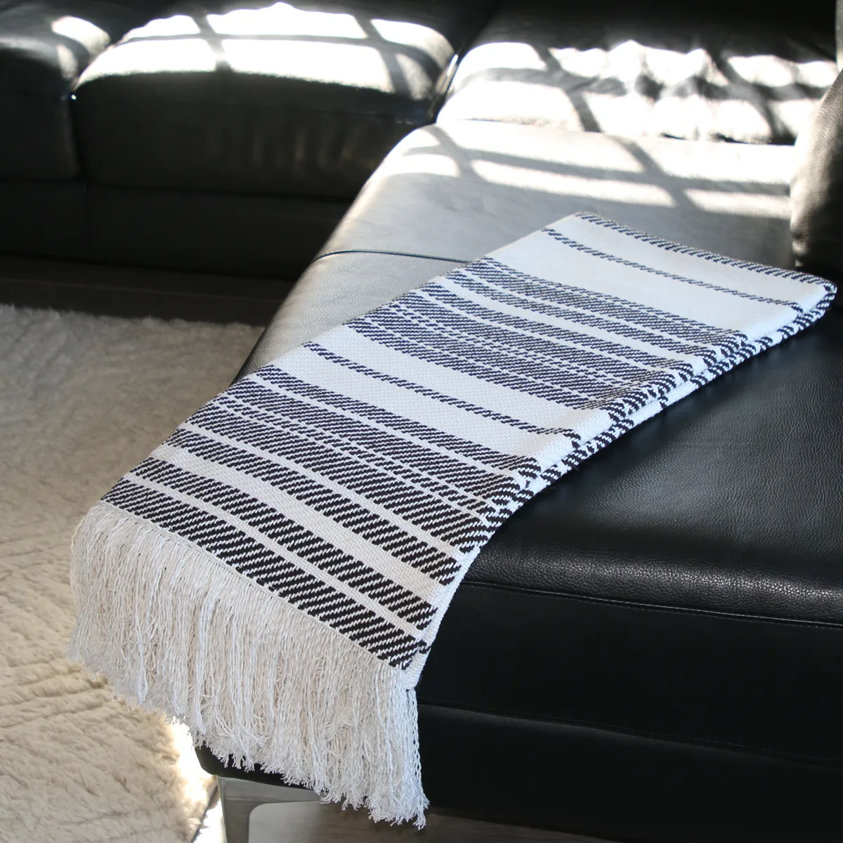 White and Dark Brown Striped Woven Cotton Throw