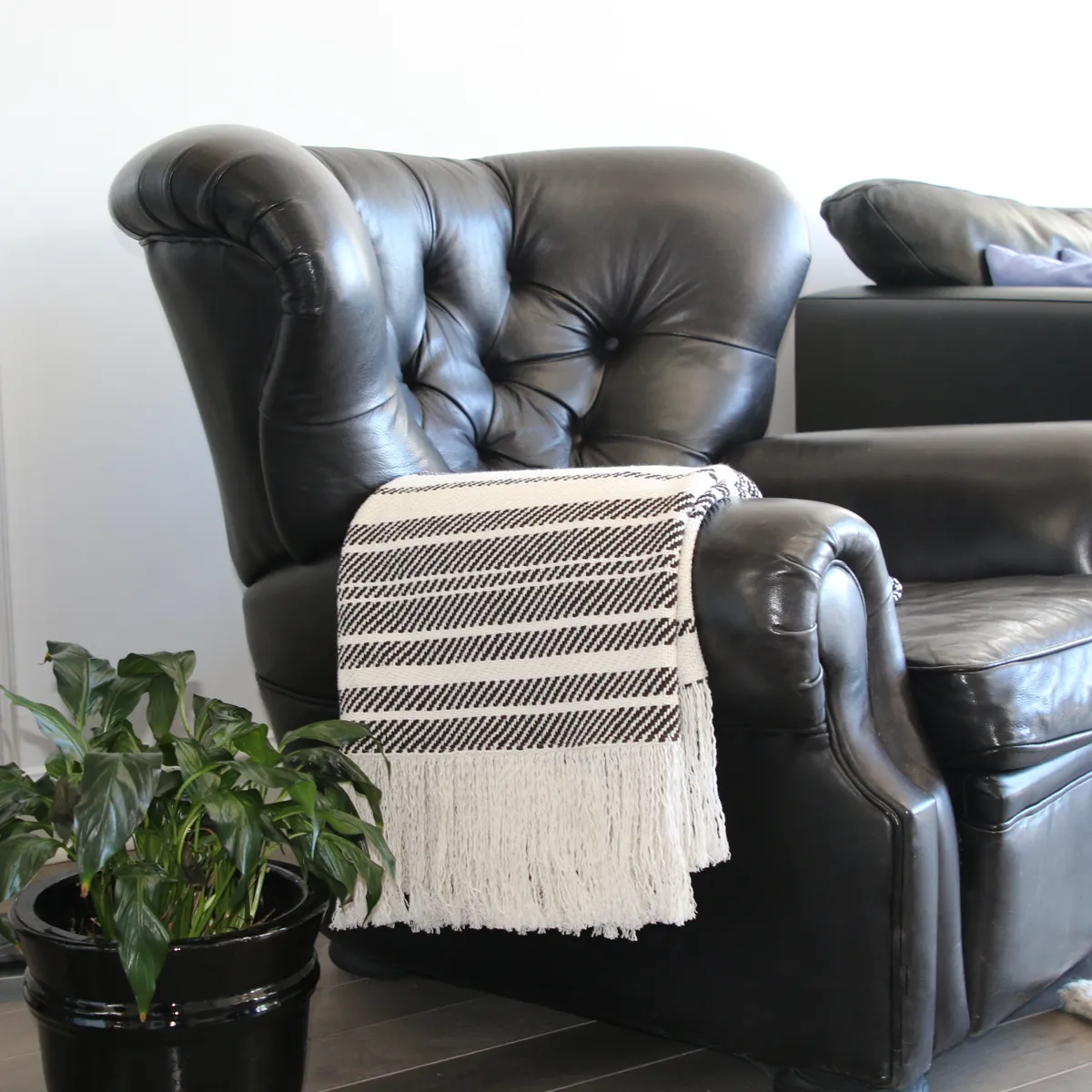 White and Dark Brown Striped Woven Cotton Throw